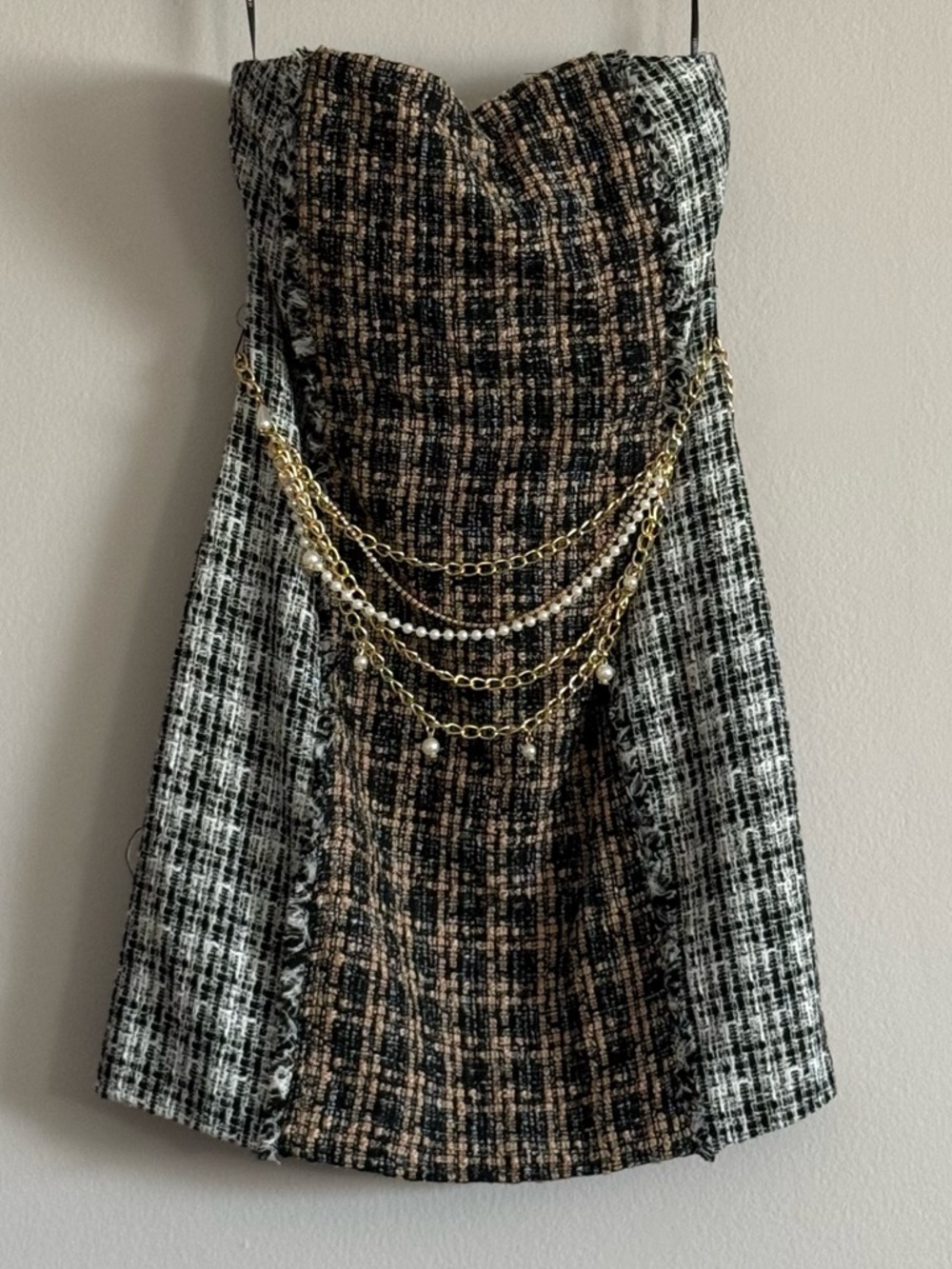 NWT Forever 21 Strapless Tweed Chain-Belt Detail Mini Dress in Black & White/Tan